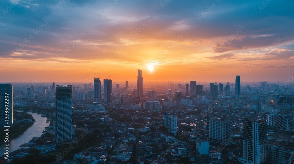Obraz premium Sunset over bangkok cityscape urban landscape photography vibrant atmosphere aerial view serene moment