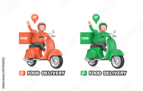 Food delivery drivers in orange and green uniforms sit on motorbike or scooter waving at customers when they arrive at the location marked with a pin, vector 3d isolated for delivery concept