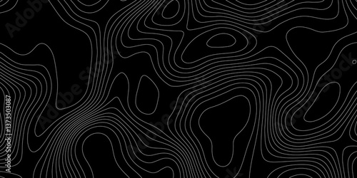 Abstract white line topography geographic mountain relief contour map background, texture terrain lines and geometrics technology topo landscape grid pattern on fresh white line and black background.