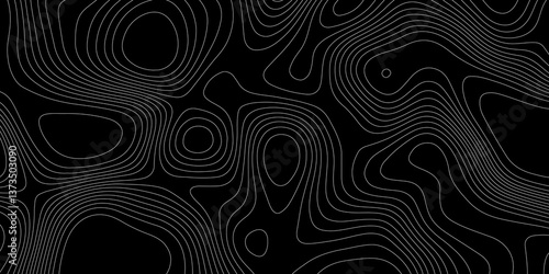 Abstract white line topography geographic mountain relief contour map background, texture terrain lines and geometrics technology topo landscape grid pattern on fresh white line and black background.