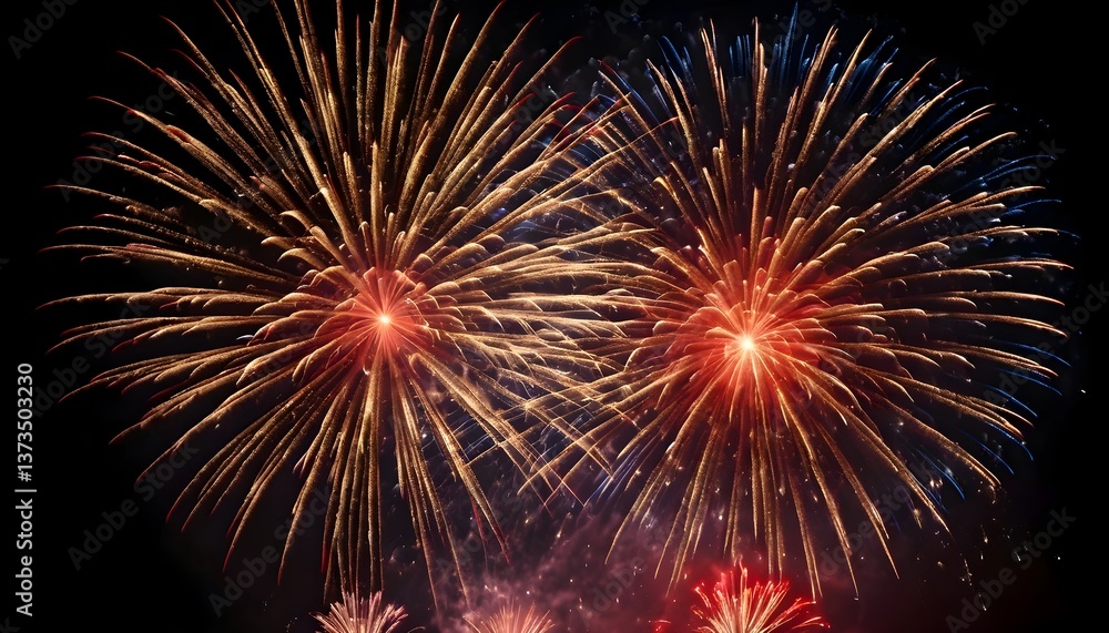 Night view with fireworks exploding in the dark sky, Two large fireworks are seen blooming with golden sparks spreading in all directions. Night view with fireworks exploding in the dark sky, Two large fireworks are seen blooming with golden sparks spreading in all directions.