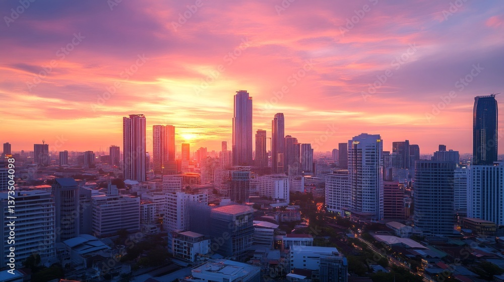 Fototapeta premium Stunning sunset cityscape urban skyline photography evening glow aerial view serenity and beauty