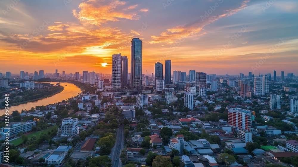 Obraz premium Sunset over bangkok skyline cityscape photography urban environment aerial view vibrant atmosphere