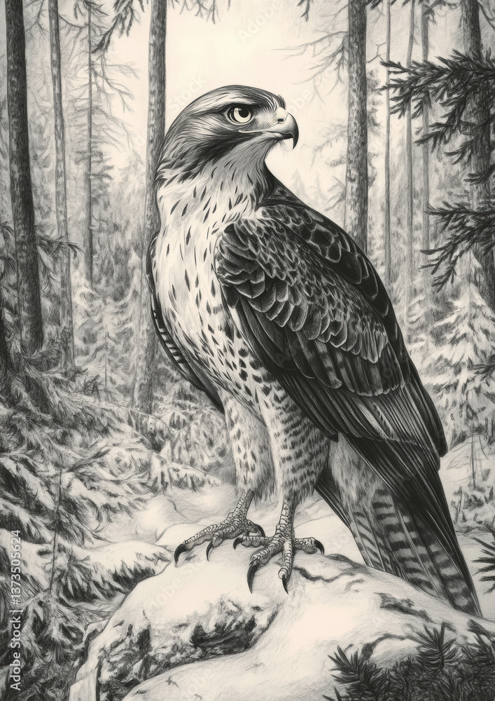 Fototapeta premium Majestic hawk perched on a branch in a misty forest setting with tall trees and soft light, showcasing intricate feather details and piercing eyes Generative AI