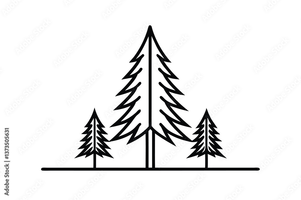 Obraz premium Three stylized evergreen trees, simple line art, nature design, forest illustration