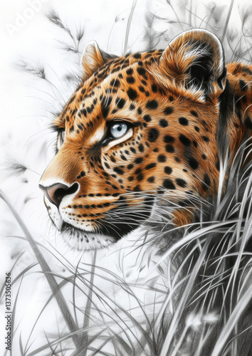 Realistic drawing of a leopard in tall grass showcasing intricate details and textures during a serene moment in the wild Generative AI