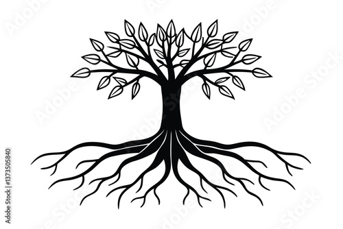 Black Tree Silhouette Roots, Branches, Leaves, Nature, Growth, Design