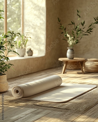 Yoga space interior with natural light, yoga space interior for wellness and meditation. A serene yoga space with plants and natural light.