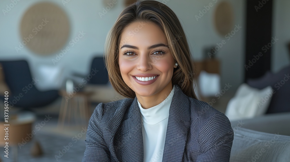 Fototapeta premium Confident woman smiling in modern office environment during daytime