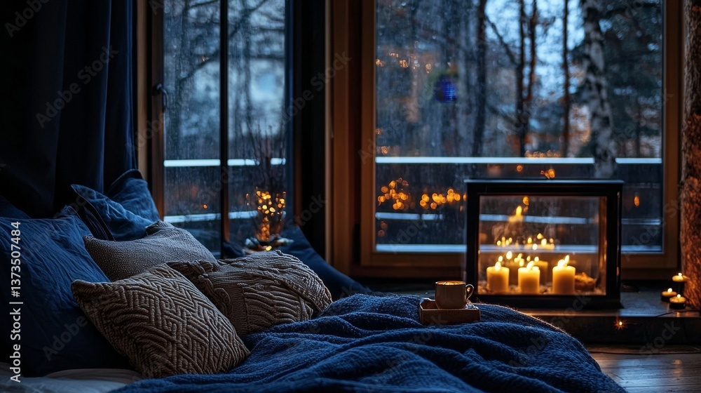 Obraz premium Enjoy the serene view of a rainy evening street from inside.