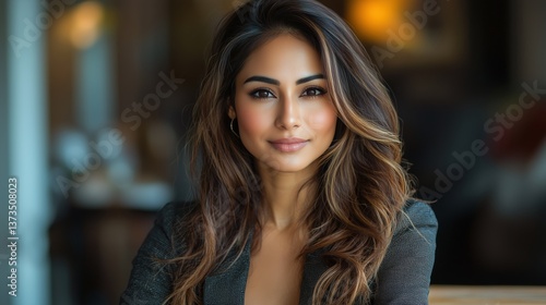 Wallpaper Mural Portrait of a confident young woman with long hair, dressed in a stylish blazer, sitting in a warm and inviting cafe setting Torontodigital.ca