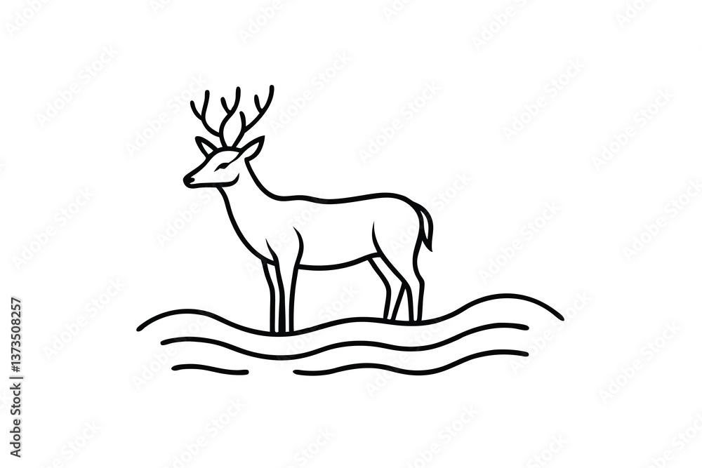 Fototapeta premium Elegant Line Art Deer Standing in Wavy Water Graphic Design