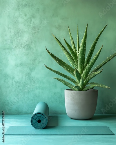 Yoga mat and aloe vera plant on a serene surface.