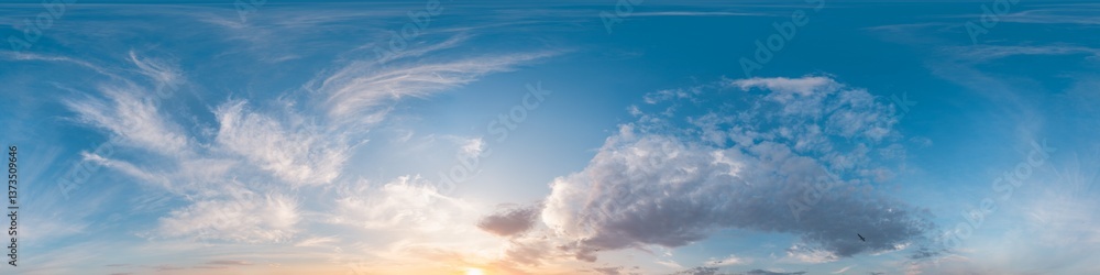 Fototapeta premium 360 panorama of glowing sunset sky with bright Cirrus clouds. Seamless hdr spherical 360 panorama. Sky dome in 3D visualization, sky replacement for aerial drone panoramas. Weather and climate change