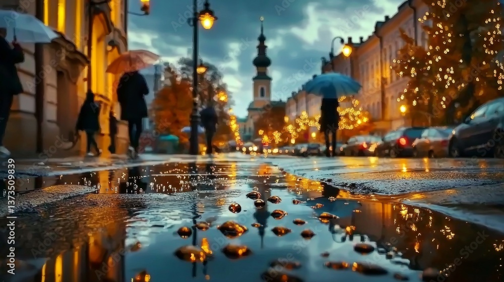 Fototapeta premium People Navigate the Old Town with Umbrellas in the Rain