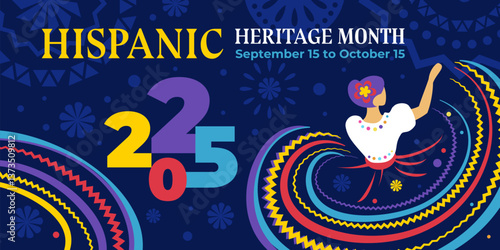 Hispanic heritage month 2025. Vector web banner, poster, card for social media, networks. Greeting with national Hispanic heritage month text, woman on blue background.