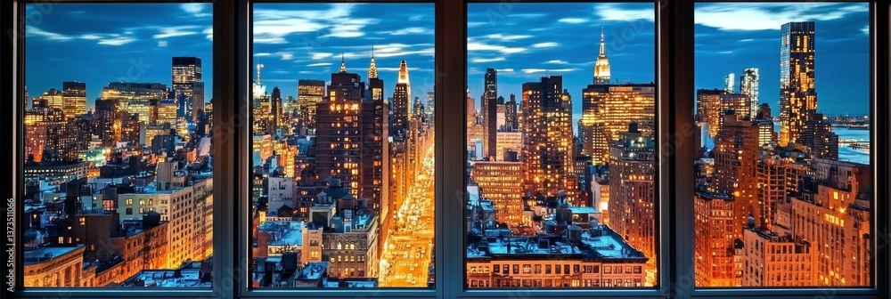 Obraz premium A magical nighttime perspective of the iconic skyline and bustling streets of New York.
