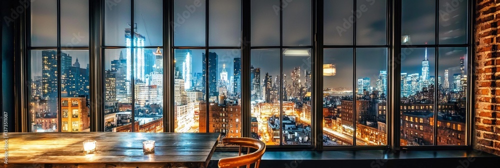 Obraz premium Stunning panoramic view of New York City at night from a hotel window. 