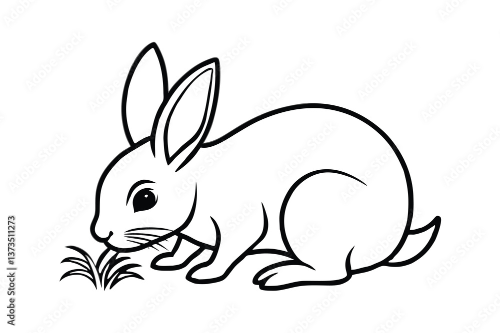 Cute Bunny Rabbit Eating Grass, Line Art, Black and White Cute Bunny Rabbit Eating Grass, Line Art, Black and White