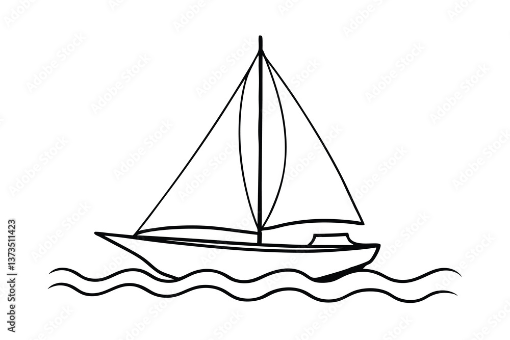 Simple Sailboat Line Drawing Ocean Waves, Summer, Sailing Simple Sailboat Line Drawing Ocean Waves, Summer, Sailing