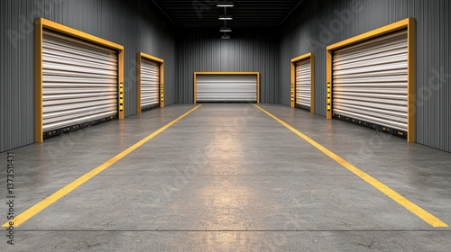 Empty Industrial Garage Interior with Metal Roll Up Doors