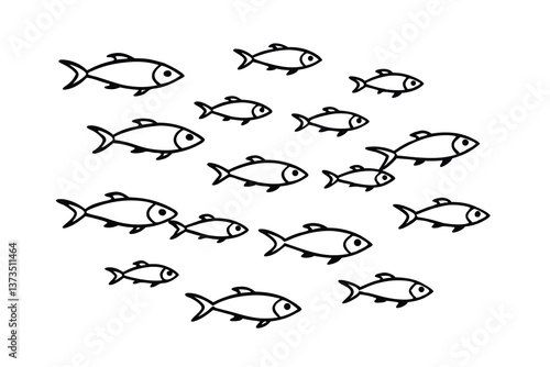 School of Fish Simple Black Line Art, Aquatic Wildlife