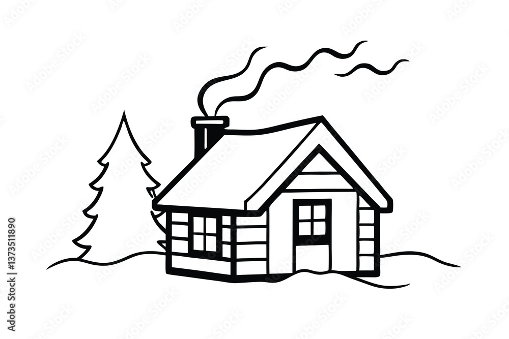 Fototapeta premium Cozy Cabin Winter Scene Smoke, Snow, Tree, House Illustration