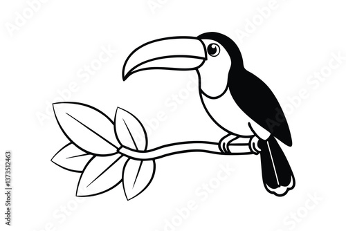 Cartoon Toucan Perched on Branch with Leaves Illustration
