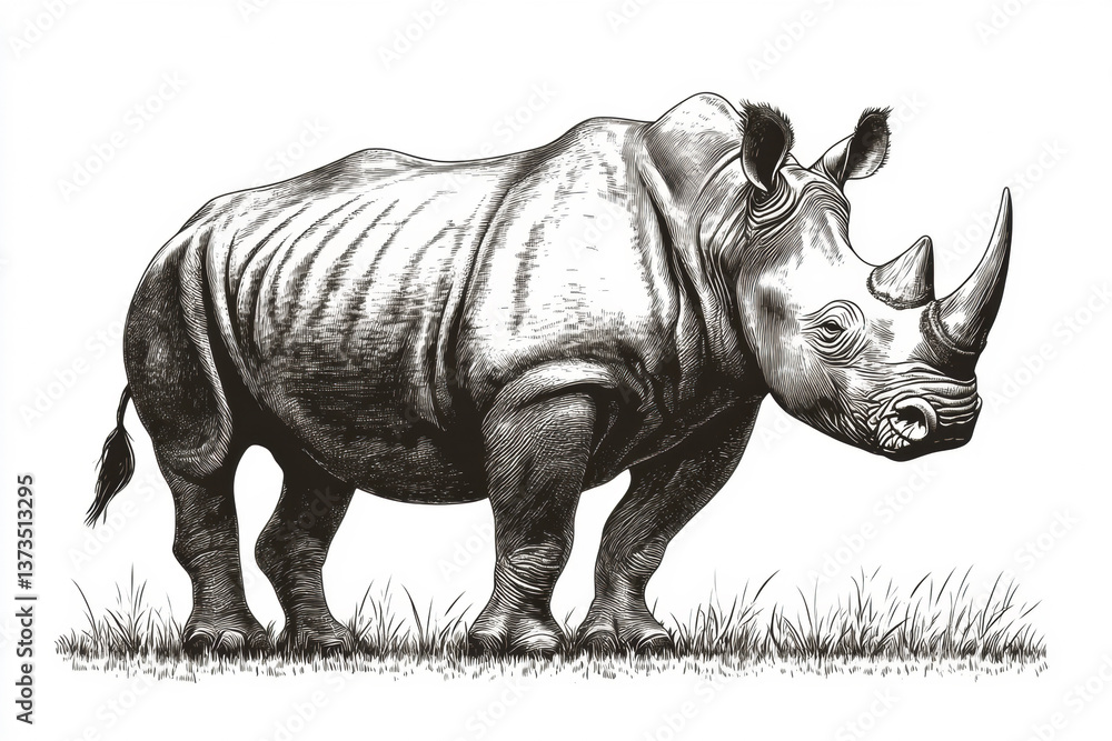 Fototapeta premium Detailed illustration of a rhinoceros standing in a grassy landscape showcasing its features and robust physique during daylight Generative AI