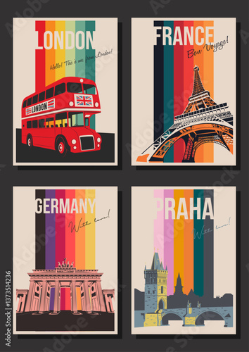 London, Paris, Praha, Berlin Attractions Postcard Set, London Red Bus, Brandenburg Gates, Charles Bridge, Eiffel Tower Illustrations, 1980s Color Lines Vector Templates Retro Style Greeting Cards 