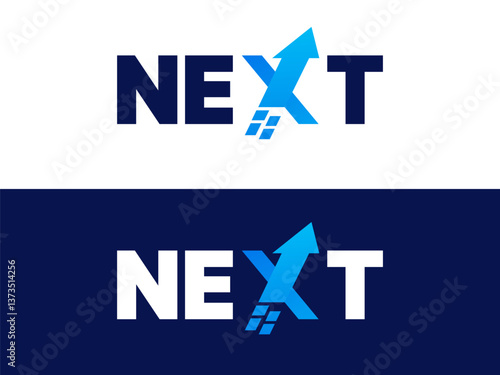 Creative Letter "NEXT" with letter X growth arrow up symbol logo typography vector design concept. Graphic alphabet Letter "Next" symbol for future technology, new generation, corporate identity, ui.