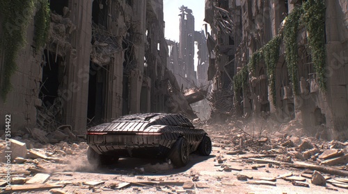 Post Apocalyptic Armored Car in Destroyed Cityscape