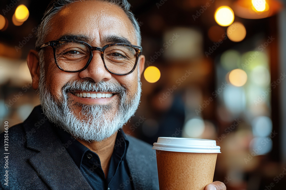 A cheerful older man with glasses holds a coffee cup, smiling warmly in a cozy cafe setting illuminated by soft lights. A cheerful older man with glasses holds a coffee cup, smiling warmly in a cozy cafe setting illuminated by soft lights.