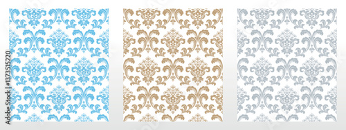 Wallpapers in the style of Baroque.. Set of colored floral ornaments. Seamless vector backgrounds Graphic patterns for fabric, wallpaper, packaging. Ornate Damask flower illustration