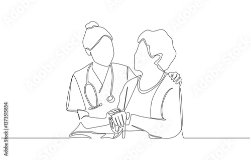 Continuous one line drawing of young nurse comforting elderly woman, elderly health care concept, single line art