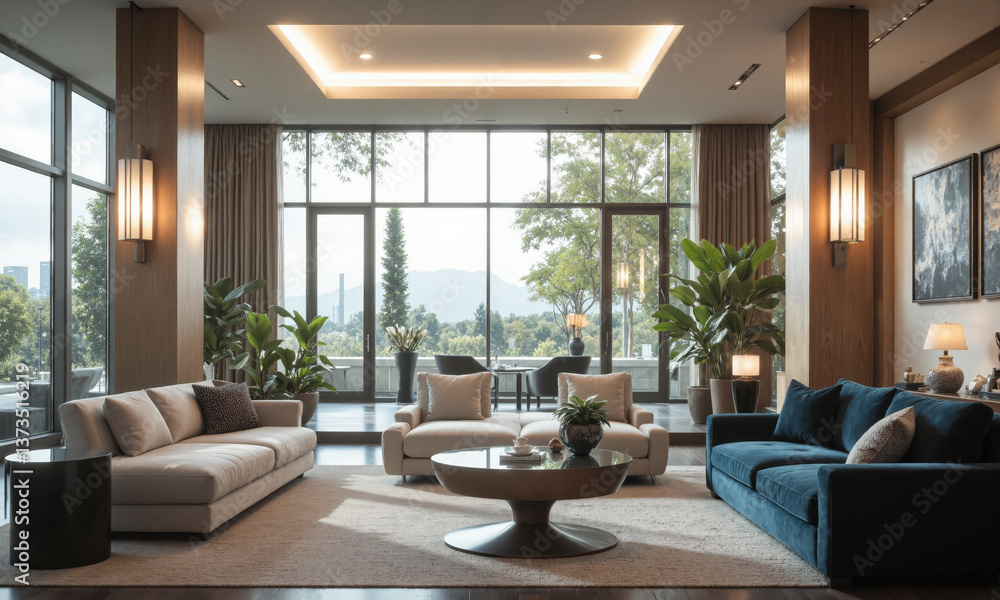 Fototapeta premium Luxurious corporate lounge with plush velvet seating, glass coffee tables, and modern art pieces. Task lighting highlights artwork and key furniture pieces, while
