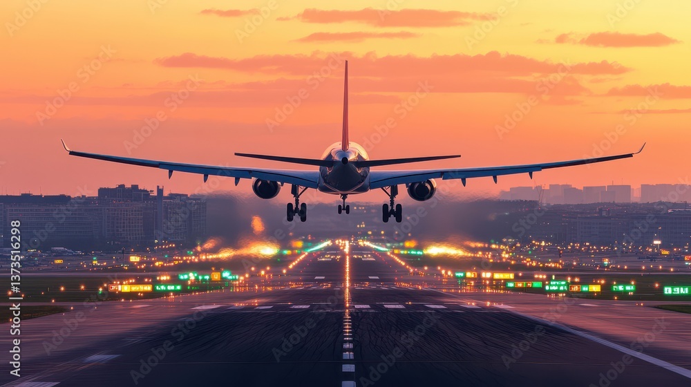 Airplane Taking Off at Sunset with City Skyline in Background Airplane Taking Off at Sunset with City Skyline in Background