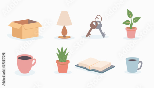 Housewarming items in cozy style with pastel colors  