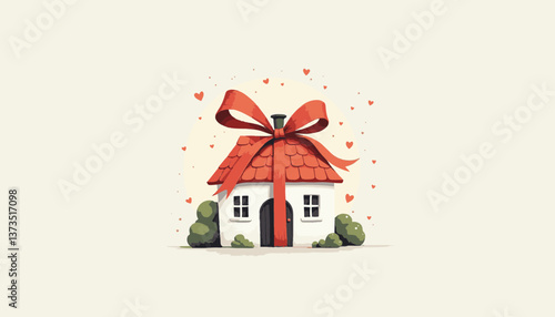 Illustrated house with sunflowers and green foliage  