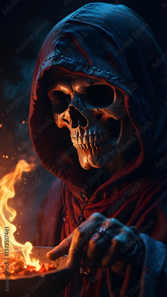 Fototapeta premium A skull in a dark hood holds a bowl of food, with a fiery skull glowing red and blue, evoking a mystical atmosphere. 