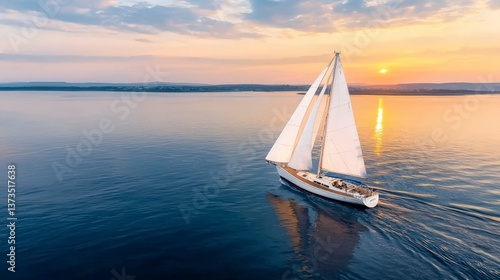 Sunset Sailboat  Ocean Yacht  Aerial View  Golden Hour Sailing