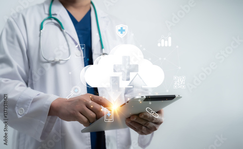 Wallpaper Mural Doctor accessing secure healthcare data via cloud-based technology using modern tablet interface Torontodigital.ca
