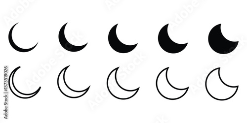 Moon icon set. Outlined and flat moon sign collection with different phases. Perfect moon vector set for spiritual designs, or astronomical projects sign illustration.
