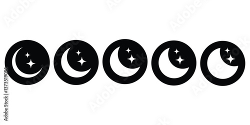 Moon vector set with star into black rounded background. Moon stars icon set. night moon with stars vector symbol. half Ramadan moon sign illustration.