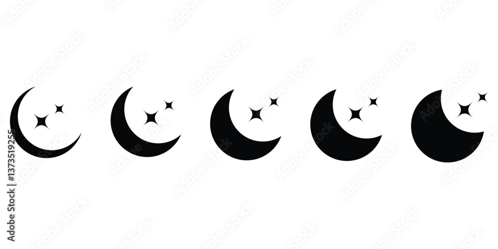 Moon with two star black and different moon phases icon set. Moon symbol icon collection in flat black view vector illustration. Moon with two star black and different moon phases icon set. Moon symbol icon collection in flat black view vector illustration.