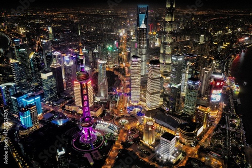Photography 中国 上海 夜景 大都市 ビル群 東方明珠タワー 発展 未来