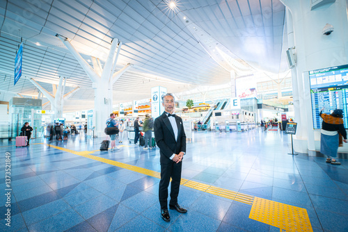 Obraz na płótnie 空港ターミナルでチェックインの手続きをする男性 w salonie