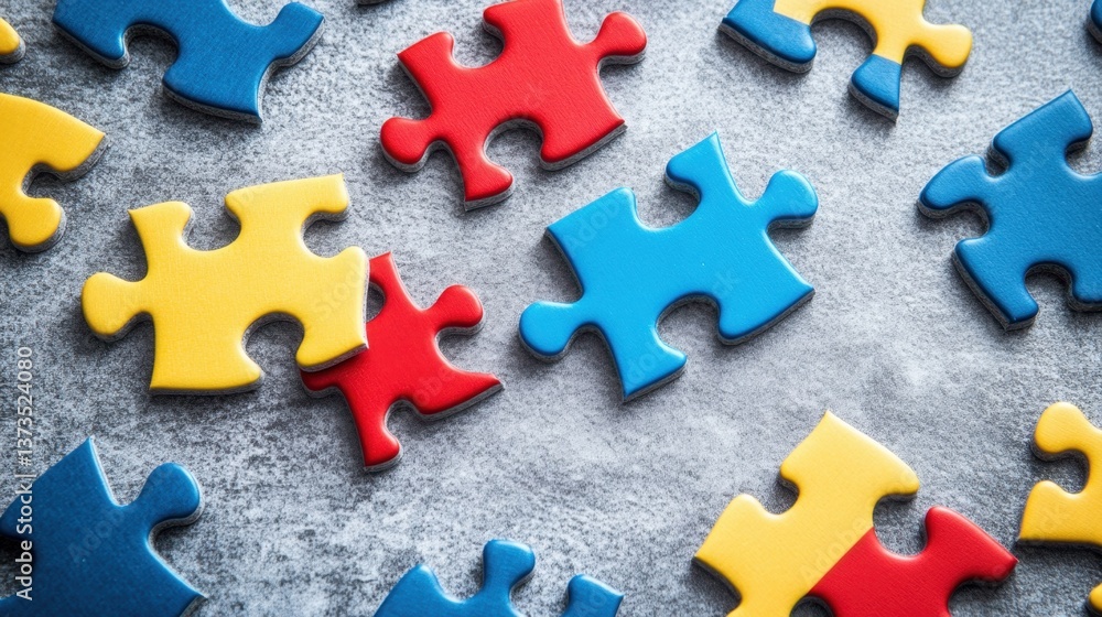 Fototapeta premium Topdown view of colorful puzzle pieces on gray surface creative content abstract environment
