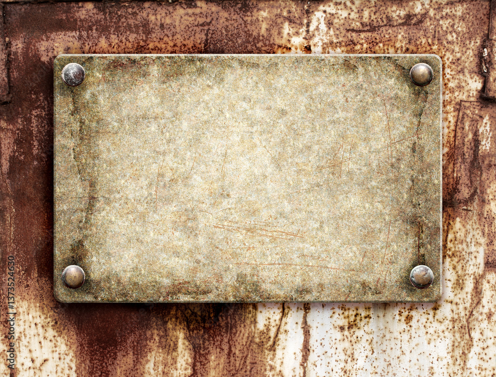 Fototapeta premium Old metallic plank with rivets on rusty metal surface. Vintage metal plate with nails. Can be used for steampunk, retro and vintage design. Mock up template. Copy space for text