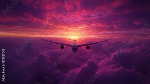 twin-engine aircraft descent, golden hour atmosphere, pink purple stratosphere, silhouetted wings span, high altitude photography, dramatic sunset composition